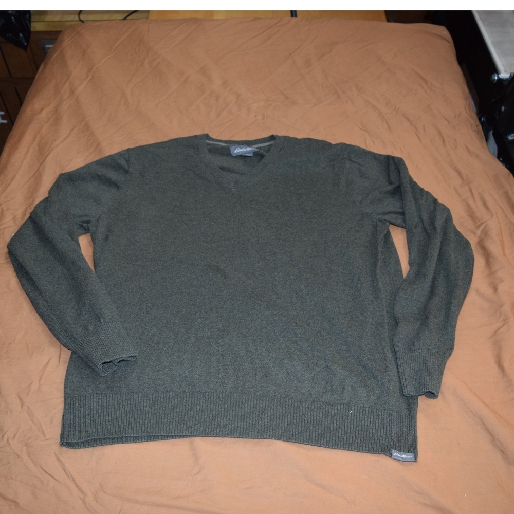 Eddie Bauer Mens V-Neck Sweater Charcoal Gray Heather Large Long Sleeve Knit